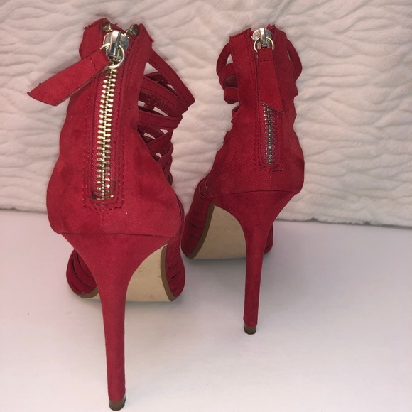 Zara Red Faux Suede Open Toe High-Heels Size 10 - Picture 6 of 11